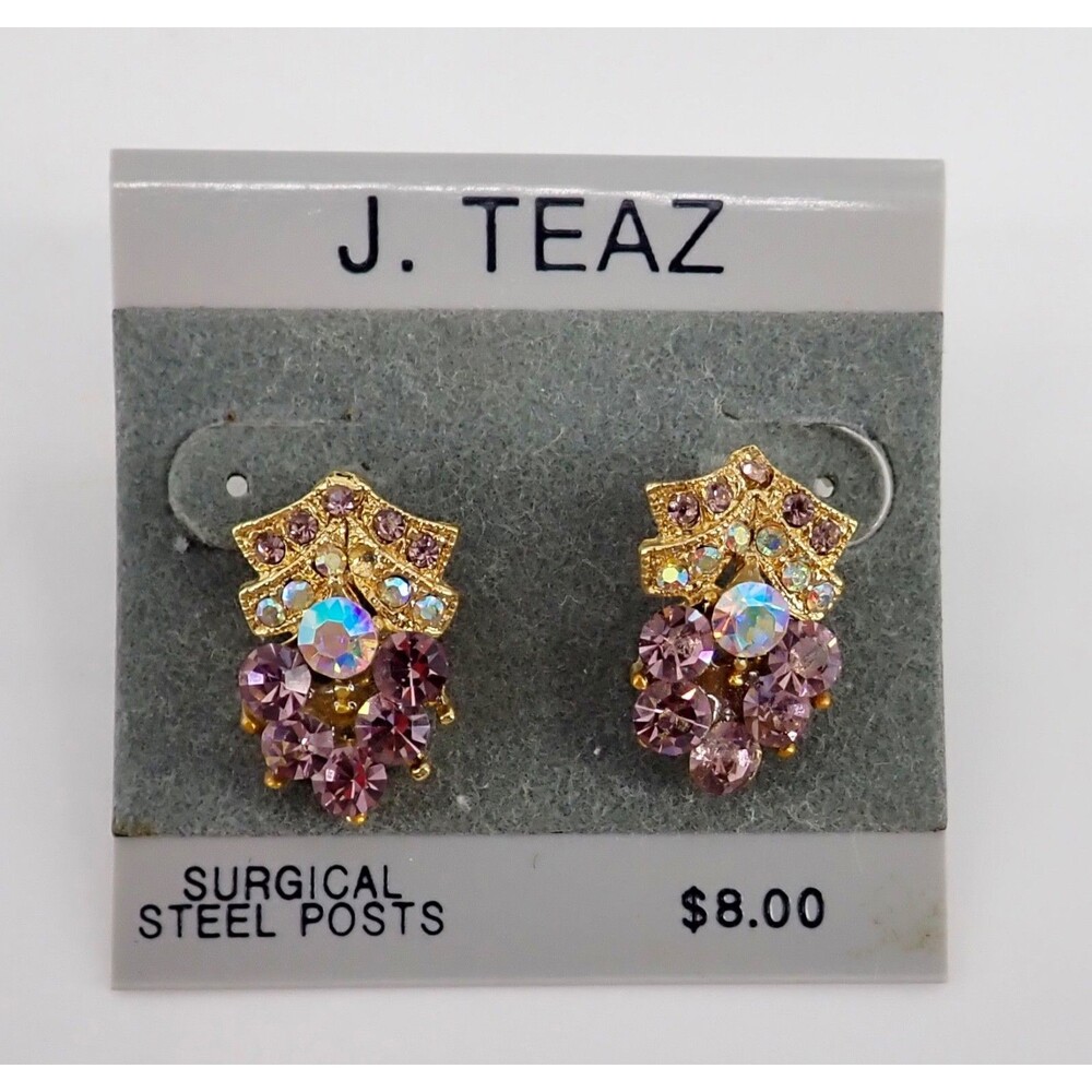 J. TEAZ Gold Tone Purple Aurora Borrealas Rhinestone Earrings Surgical Steel NWT